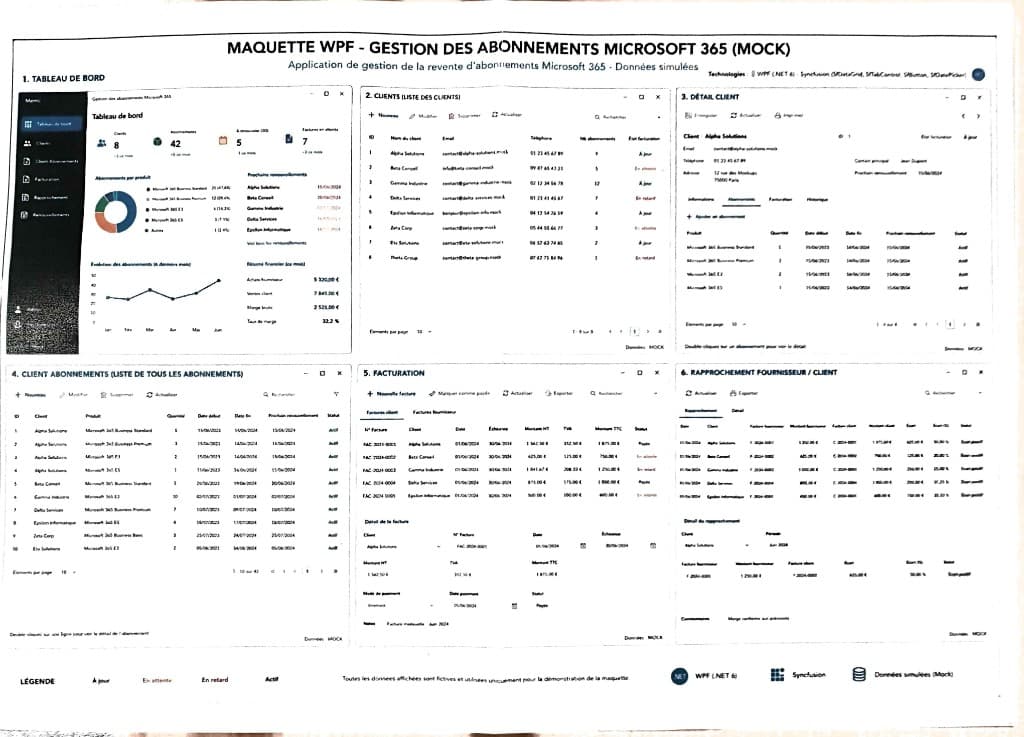 Maquette WPF — gestion des abonnements Microsoft 365 (mock) — 6 écrans à produire