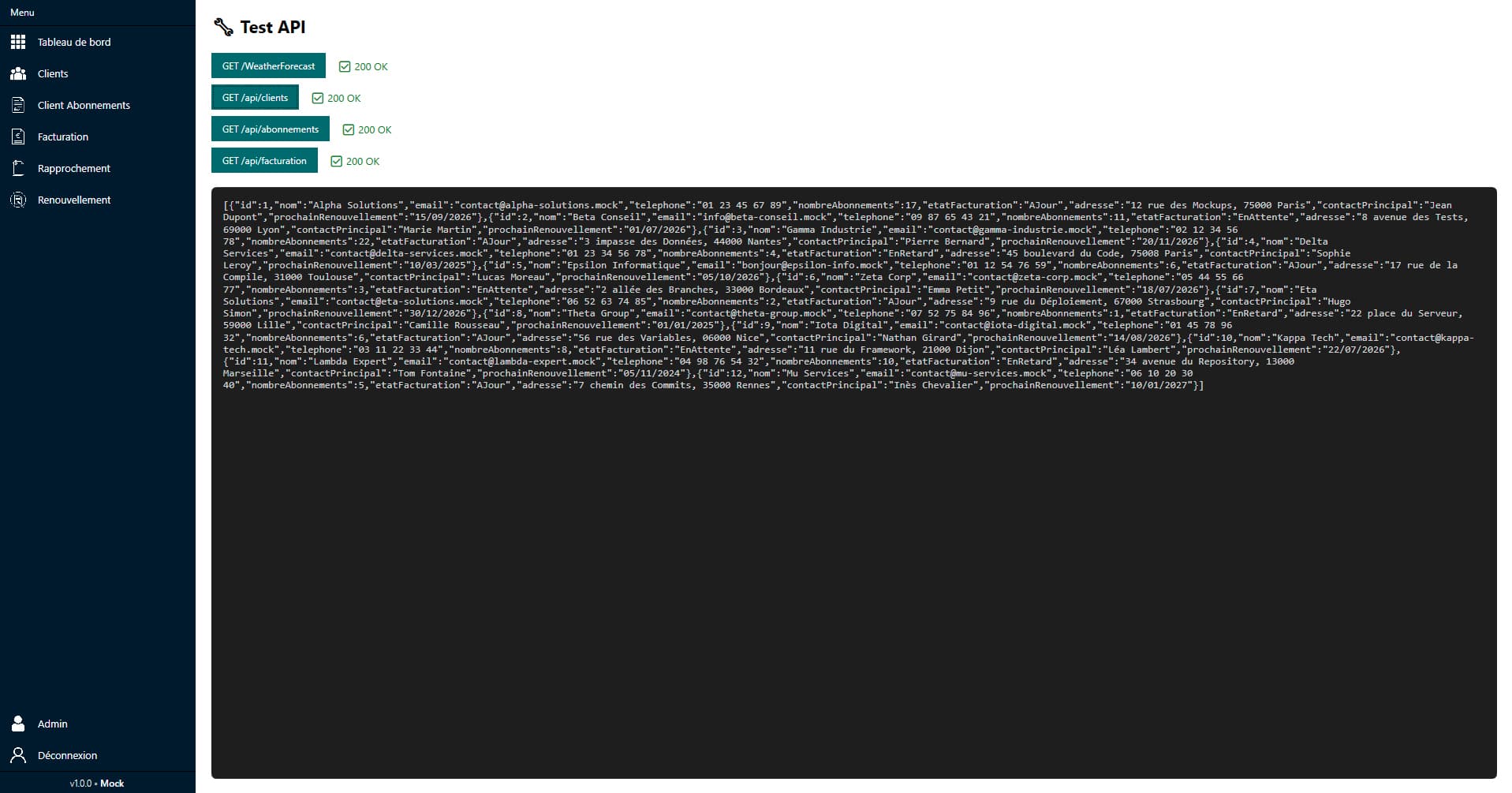 Page admin — semaine 4, vue de suivi et de validation des retours API
