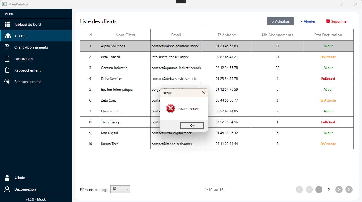Application WPF — semaine 5, suppression du client numéro 1 avec erreur car il n'existe plus